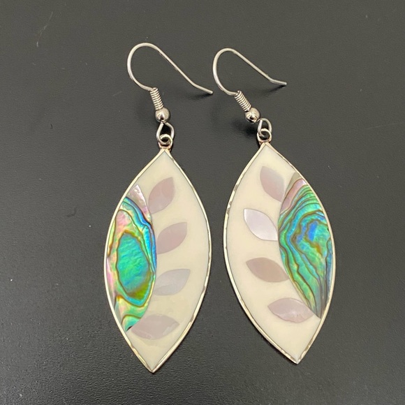 Vintage Alpaca Mexico Handcrafted MOP Abalone Inlay Mexican Silver Earrings 7g - Picture 8 of 13